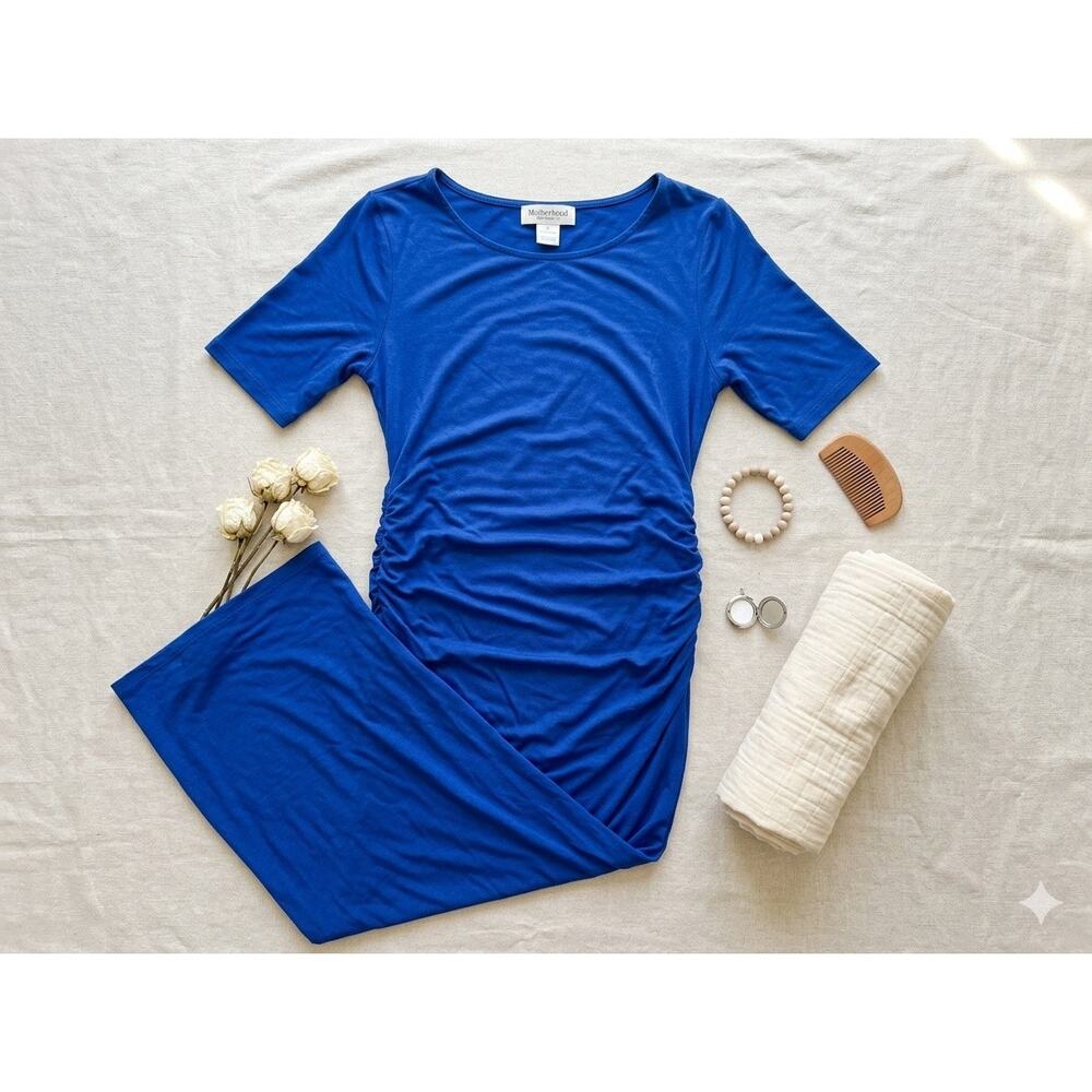 Motherhood Maternity Blue Bodycon Maxi Dress Large Short Sleeve Side Ruching
